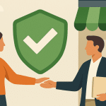 A woman shakes hands with a man outside a storefront, with a large green shield and checkmark symbol behind them, representing a secure and approved loan agreement.