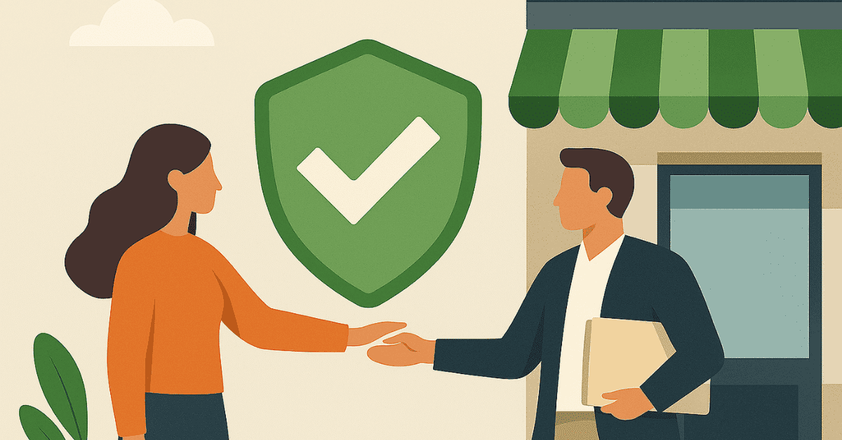 A woman shakes hands with a man outside a storefront, with a large green shield and checkmark symbol behind them, representing a secure and approved loan agreement.
