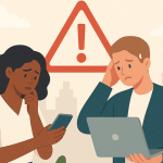 Two worried people look at a phone and a laptop, with a large warning symbol above them, suggesting a loan issue or financial alert.