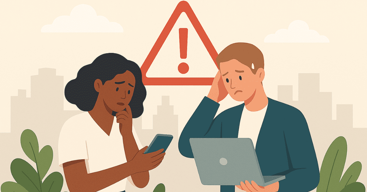 Two worried people look at a phone and a laptop, with a large warning symbol above them, suggesting a loan issue or financial alert.