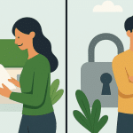 Split illustration showing two outcomes of a loan: on the left, a smiling woman reading loan approval documents in front of a house; on the right, a disappointed man standing with arms crossed beside a large padlock symbolizing a denied loan.