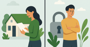 Split illustration showing two outcomes of a loan: on the left, a smiling woman reading loan approval documents in front of a house; on the right, a disappointed man standing with arms crossed beside a large padlock symbolizing a denied loan.