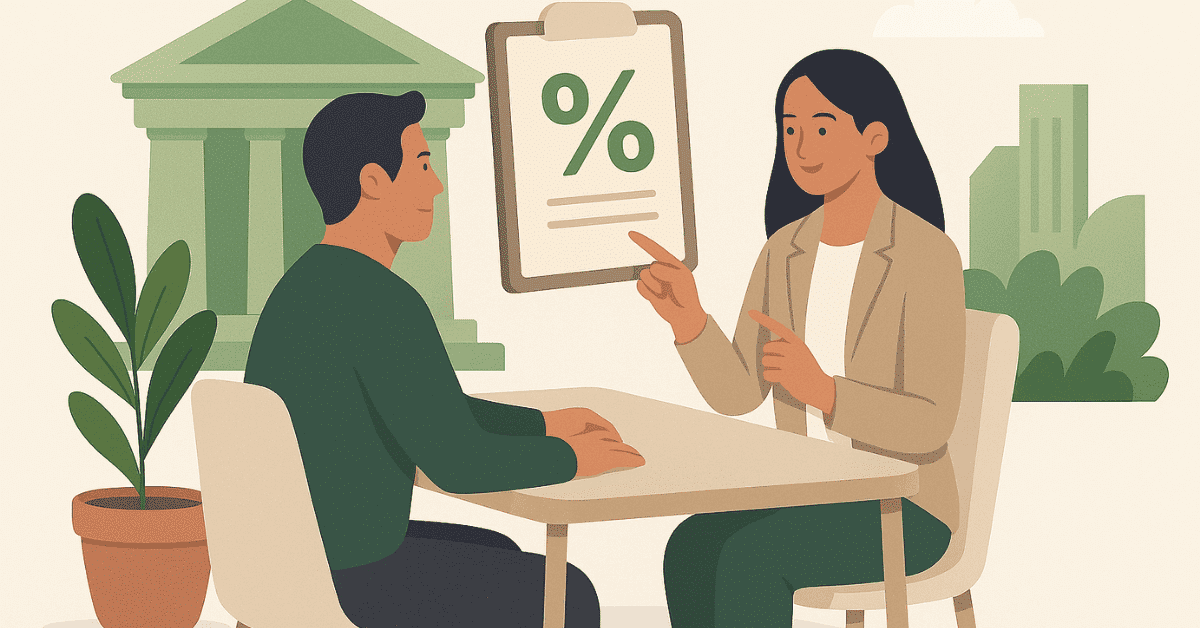 Financial advisor explaining loan interest rates to a client, pointing at a clipboard with a percentage symbol during a consultation at a bank.