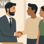Bank representative shaking hands with a smiling couple after approving their loan application.