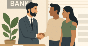 Bank representative shaking hands with a smiling couple after approving their loan application.
