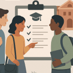 “Group of college students discussing scholarship and loan requirements in front of a large checklist with a graduation cap icon on campus.
