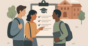“Group of college students discussing scholarship and loan requirements in front of a large checklist with a graduation cap icon on campus.