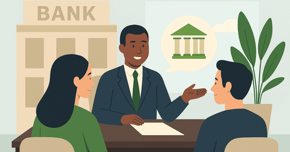 Bank advisor meeting with a couple to discuss loan options inside a bank office.