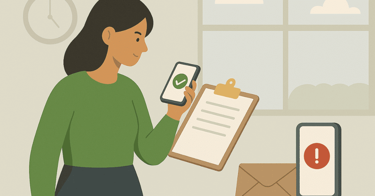 Woman reviewing documents and checking loan status on her phone, seeing a green approval check while another device displays a warning alert.