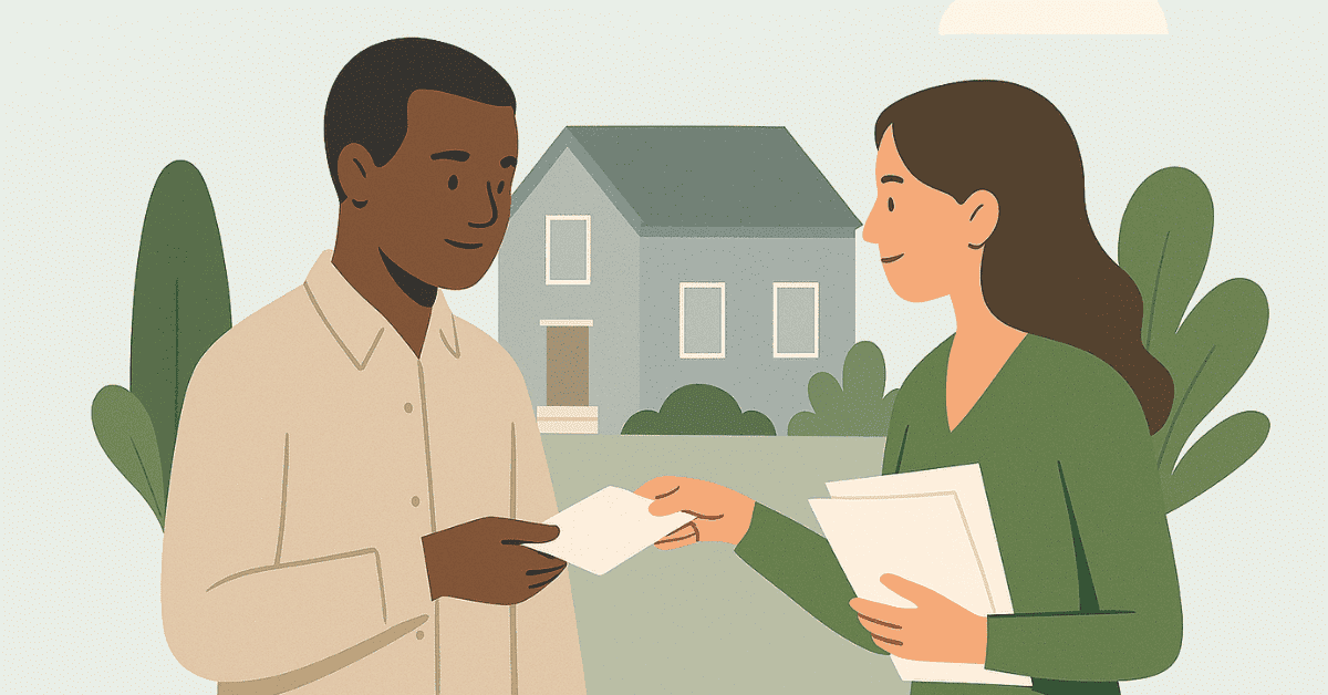 Man receiving a document from a woman holding loan papers in front of a house.