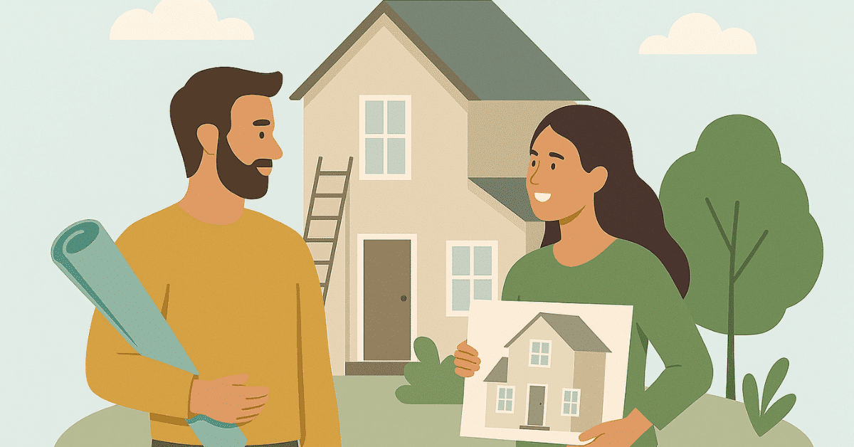 Woman showing a house design to a man holding blueprints in front of a home under renovation, illustrating a loan-funded remodeling project.