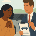 A worried woman talks to a suited man holding a clipboard with a car icon, discussing a possible car loan after an issue on the road.