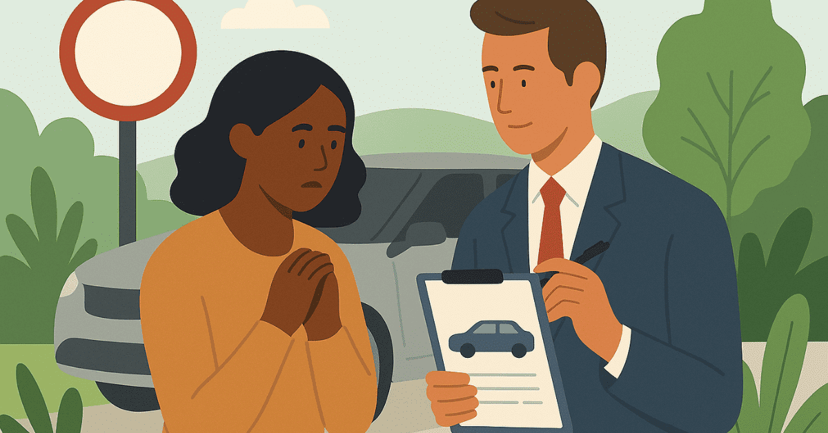 A worried woman talks to a suited man holding a clipboard with a car icon, discussing a possible car loan after an issue on the road.