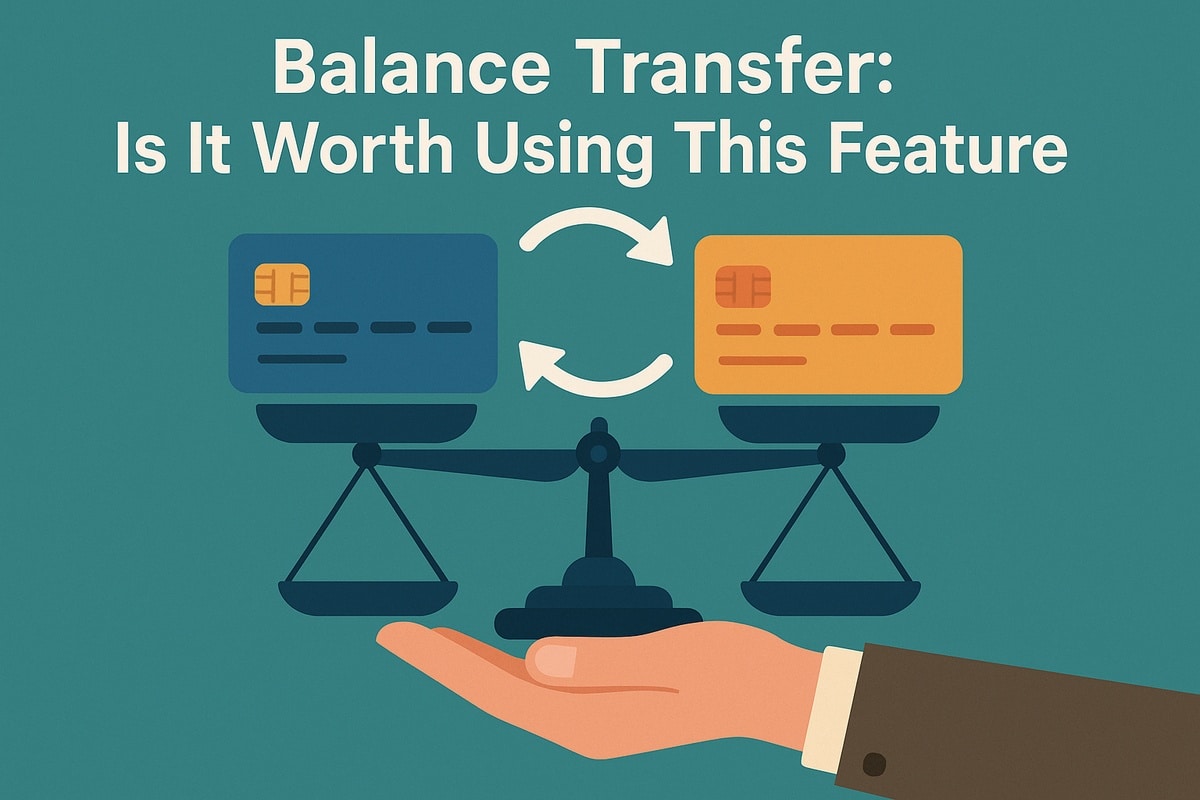 Flat illustration showing two credit cards—one blue and one orange—balanced on scales being held by an outstretched hand. White curved arrows between the cards symbolize movement or transfer, emphasizing the idea of shifting balances. The background is teal, and the title above the image reads “Balance Transfer: Is It Worth Using This Feature” in bold white text. The composition conveys financial comparison and decision-making.