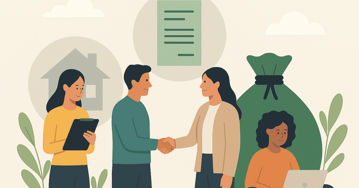 Group of people completing a loan agreement, with handshake and financial icons in the background.