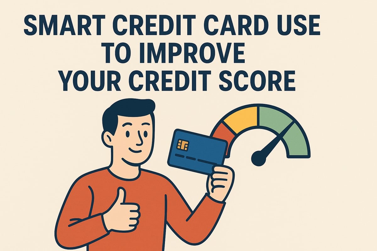 Cartoon-style illustration on a beige background with the headline “Smart Credit Card Use to Improve Your Credit Score” in bold dark letters at the top. Below, a smiling man gives a thumbs-up with one hand while holding a blue credit card in the other. Next to him is a colorful credit score gauge transitioning from red to yellow to green, with the needle pointing toward the green zone to suggest a strong score. The character is a generic illustration and does not represent a real person.