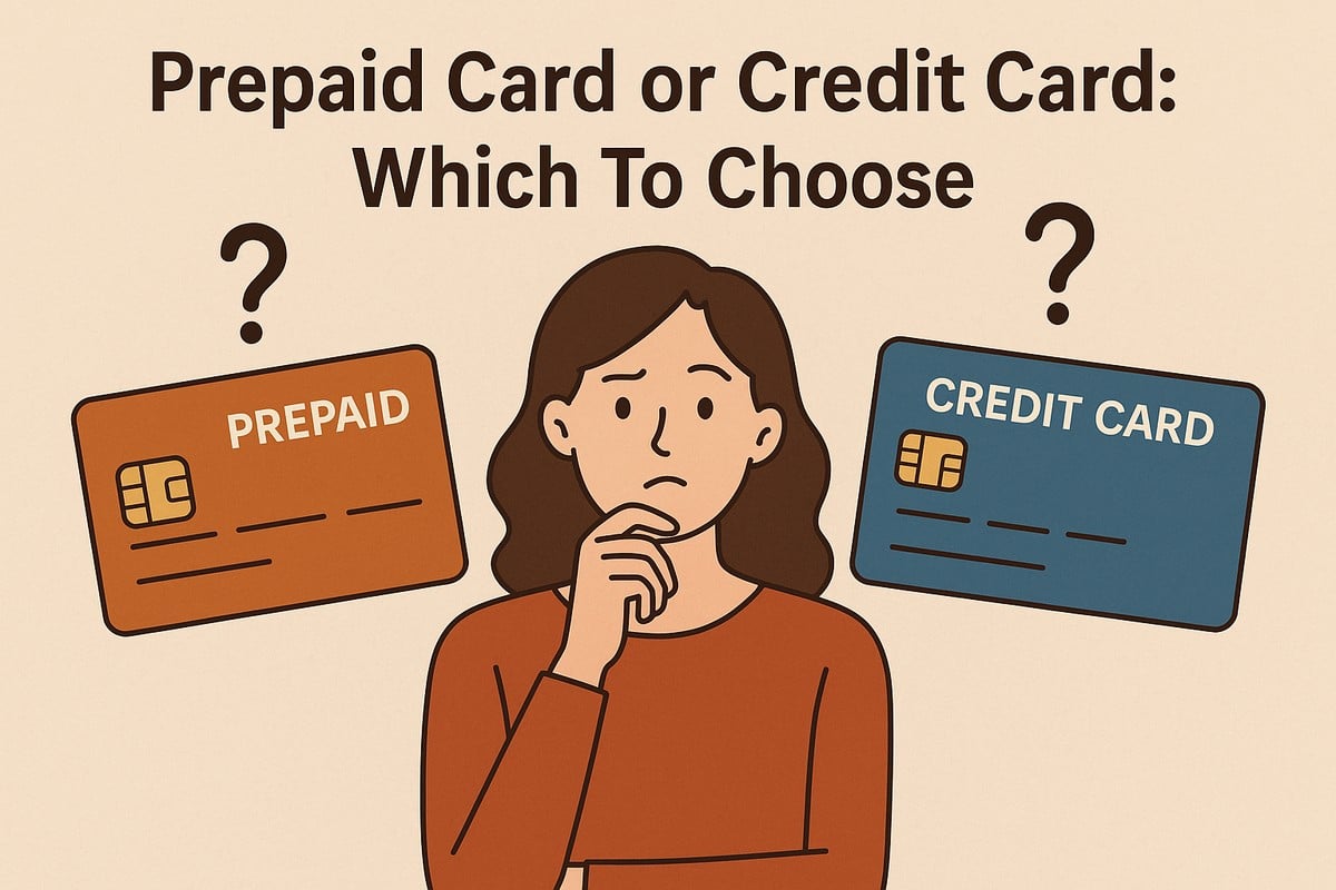 An illustrated woman with long brown hair and an orange shirt stands at the center, holding her chin with a thoughtful expression. To her left is an orange prepaid card tilted upward, and to her right is a blue credit card tilted in the opposite direction. Both cards have chips and card details represented as simple lines. Above her, the title reads “Prepaid Card or Credit Card: Which To Choose,” with two question marks positioned near each card. This is a stylized illustration and does not depict a real person.