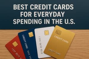 Realistic promotional image with the white headline “Best credit cards for everyday spending in the U.S.” on a dark teal panel at the top and a light wood surface below. Four glossy credit cards in red, blue, white, and gold are spread out in a fan shape on the table, each featuring an EMV chip and embossed numbers, suggesting a comparison of premium everyday-use credit cards.