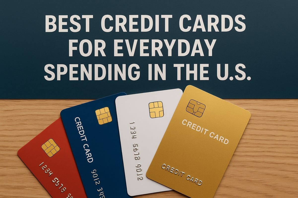 Realistic promotional image with the white headline “Best credit cards for everyday spending in the U.S.” on a dark teal panel at the top and a light wood surface below. Four glossy credit cards in red, blue, white, and gold are spread out in a fan shape on the table, each featuring an EMV chip and embossed numbers, suggesting a comparison of premium everyday-use credit cards.