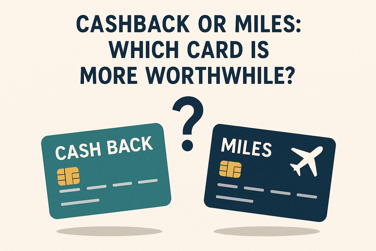 Minimalist illustration with a light beige background and the headline “Cashback or Miles: Which Card Is More Worthwhile?” in bold dark letters centered at the top. In the lower half, two stylized credit cards appear side by side, slightly tilted inward toward a large dark question mark in the center. The left card is teal and labeled “CASH BACK” with a gold chip and blank lines indicating card information; the right card is dark blue, labeled “MILES,” and features a gold chip, blank lines, and a white airplane icon in the top-right corner. Soft oval shadows beneath each card give a floating effect. No real people are shown in the image.