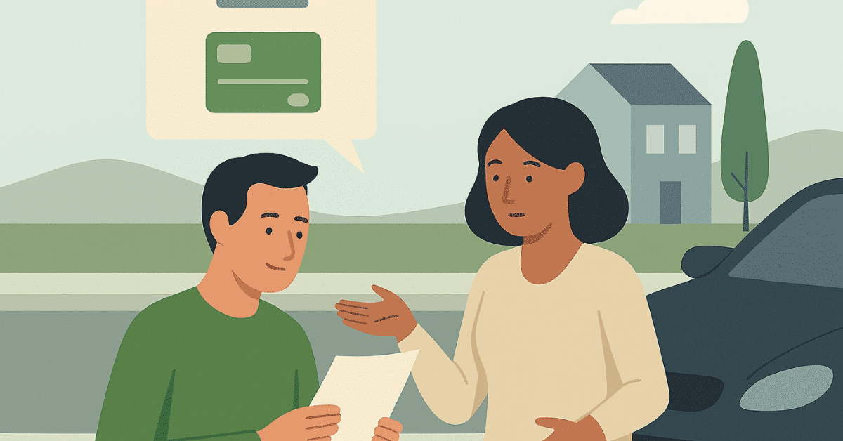 Woman discussing credit terms with a man reviewing a loan document outdoors.