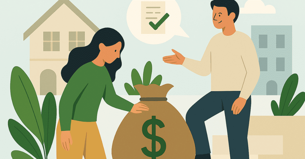 Woman evaluating a large money bag while a man explains the details of a loan approval.