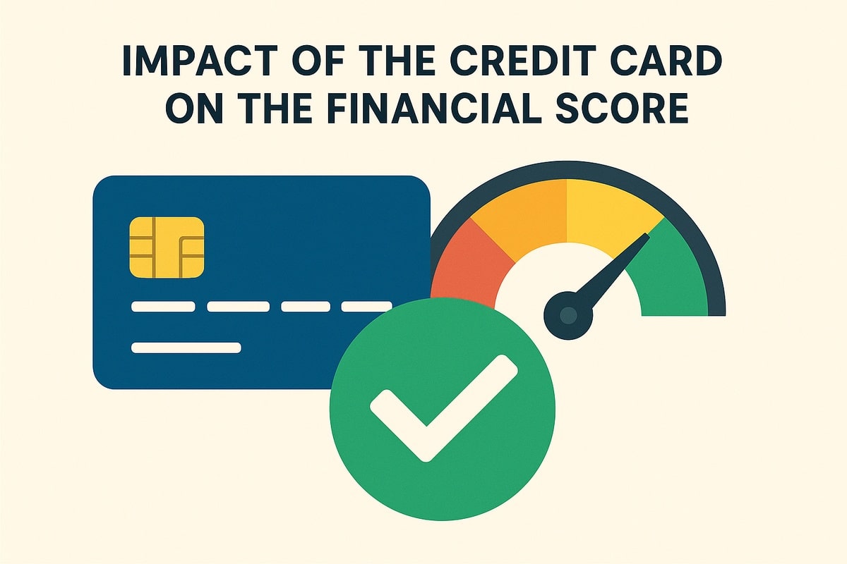 Minimalist illustration with the headline “Impact of the Credit Card on the Financial Score” in bold dark text at the top over a beige background. Below, a blue credit card with a gold chip appears on the left. A multicolored credit score gauge (red, orange, yellow, green) is shown on the right with its needle pointing toward the green zone, indicating good score. Overlapping the foreground is a large green circle with a white checkmark, symbolizing positive financial impact. No real people appear.