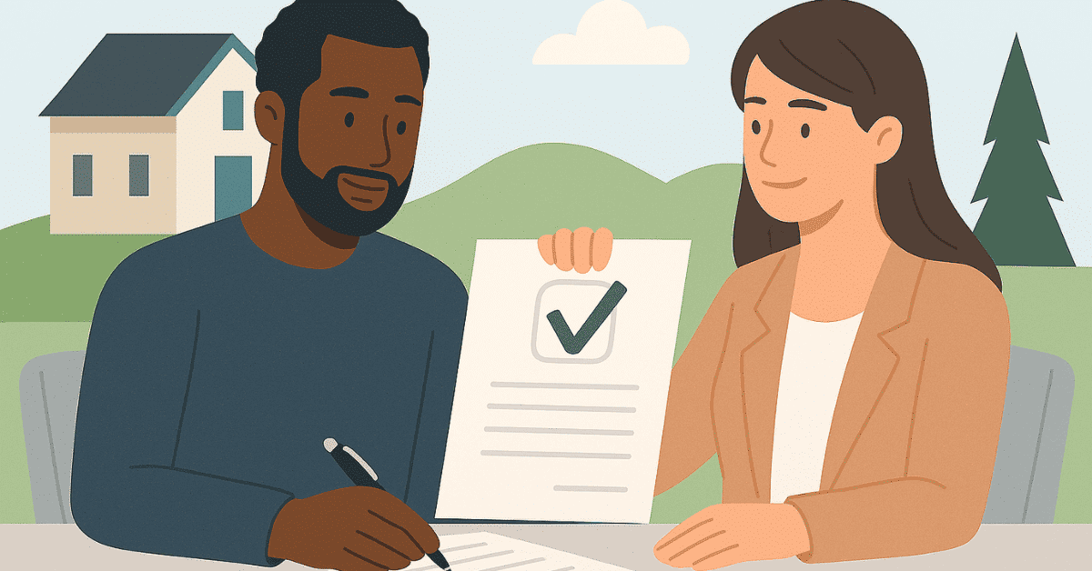 Man signing paperwork with a consultant showing an approved loan document.