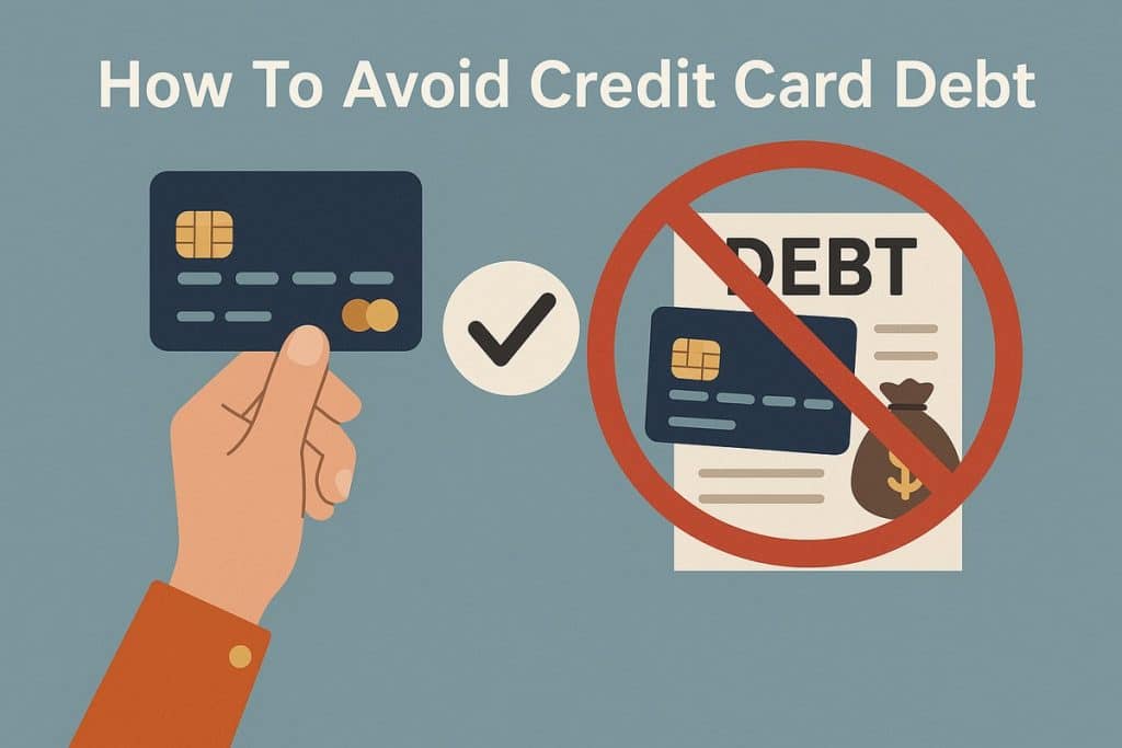 Illustration on a muted blue background with the title “How To Avoid Credit Card Debt” in white text at the top. In the center-left, a hand holds a dark blue credit card with a gold chip and simplified card details. To the right, a white circle with a checkmark symbolizes good financial behavior. Behind it, a document with the word “DEBT” crossed out by a red prohibition sign appears, along with an illustrated credit card and a money bag icon. No real people appear — only stylized drawn hands and financial symbols.