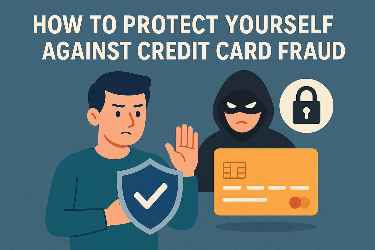 Illustration with a muted blue background and the headline “How to Protect Yourself Against Credit Card Fraud” in white bold text at the top. In the center-left, an illustrated man with short dark hair holds a shield with a checkmark and raises his hand in a stopping gesture. On the right, a hooded thief icon stands behind an orange credit card. A circular lock symbol floats above the thief. These are stylized cartoon figures, not real people.