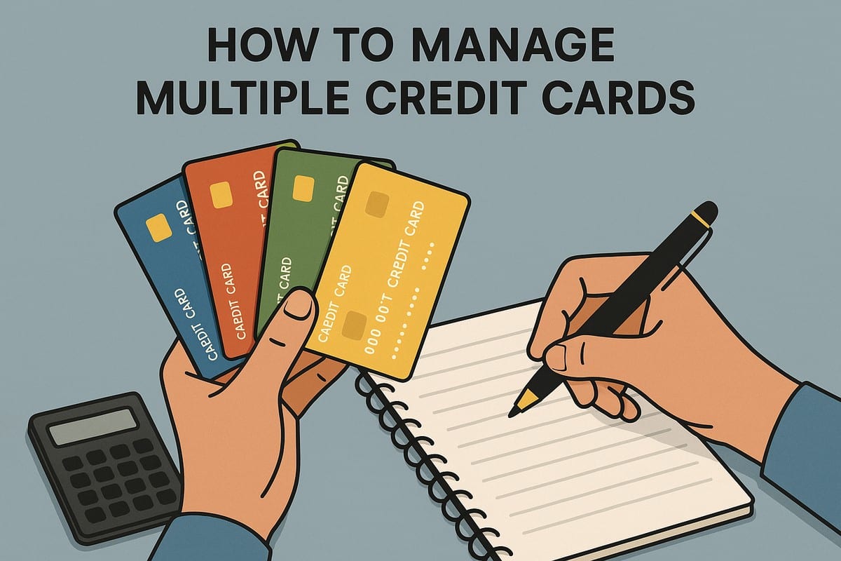 Illustration with a muted blue background showing the headline “How to Manage Multiple Credit Cards” in bold black text at the top. On the left, an illustrated hand holds a fan of five colorful credit cards (blue, red, green, orange, and yellow), each with stylized gold chips and mock card numbers. On the right, another illustrated hand writes in a spiral notebook using a black pen. A calculator sits in the background, symbolizing organization and budgeting. The image contains only stylized illustrations and no real people.