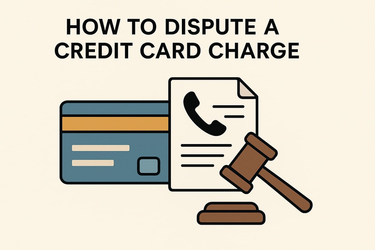 Illustration on a light beige background with the headline “How To Dispute A Credit Card Charge” in bold black text centered at the top. Beneath it, a teal and gold credit card is shown beside a document featuring a phone icon and lines representing text. A judge’s gavel and block sit in the foreground, symbolizing legal or formal dispute resolution processes. The image contains only stylized illustrations and no real people.