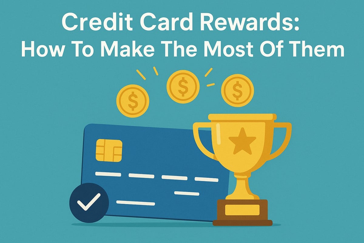 Colorful illustration focused on maximizing credit card rewards. A large blue credit card with a chip leans to the left, next to a gold trophy with a star emblem and wooden base. Three gold coins with dollar signs hover above the trophy, suggesting earnings or cashback. A dark blue circle with a white checkmark sits in front of the credit card. White title text at the top reads “Credit Card Rewards: How To Make The Most Of Them” on a teal background.