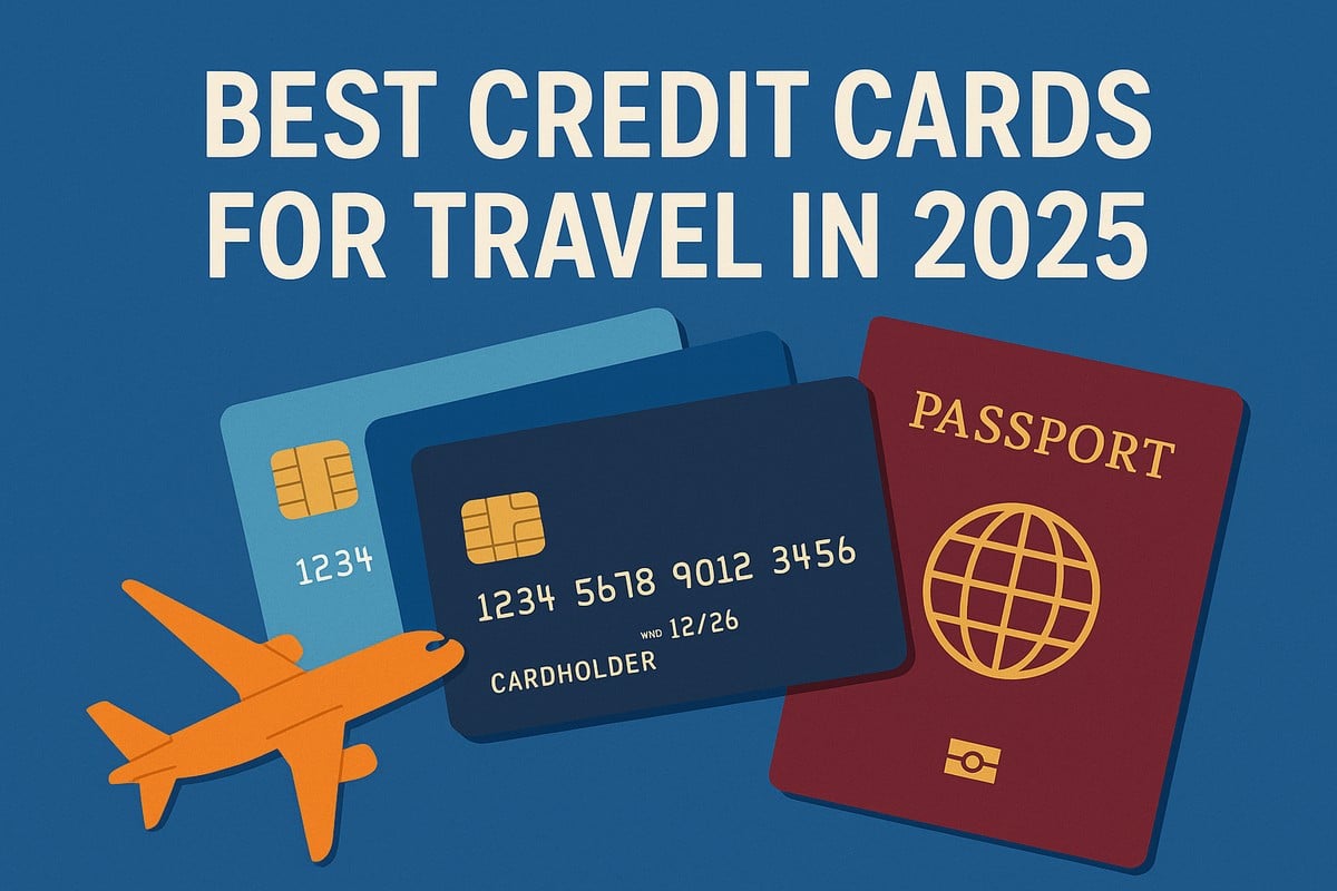 Illustration showing travel-themed credit card imagery on a beige background. A large dark blue credit card icon appears on the left, simplified with a stripe and chip area. Next to it is a dark blue suitcase with a beige airplane symbol on the front, representing travel perks. Above the icons, bold, dark text reads “Best Credit Cards For Travel In 2025.” The overall design is minimalist, using flat shapes and clean lines.