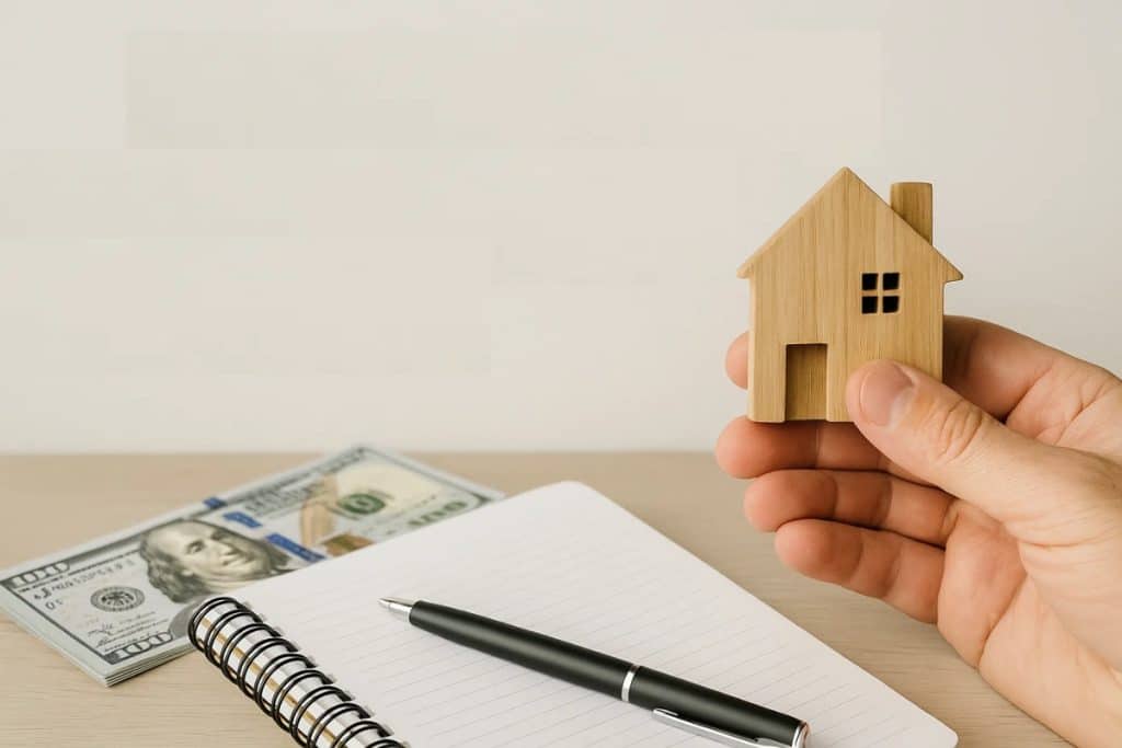 Image of a hand holding a small wooden house model with cutouts representing a door and window. On the table, there is a blank spiral notebook, a black pen, and several visible 100-dollar bills, suggesting financial planning for purchasing a home.
