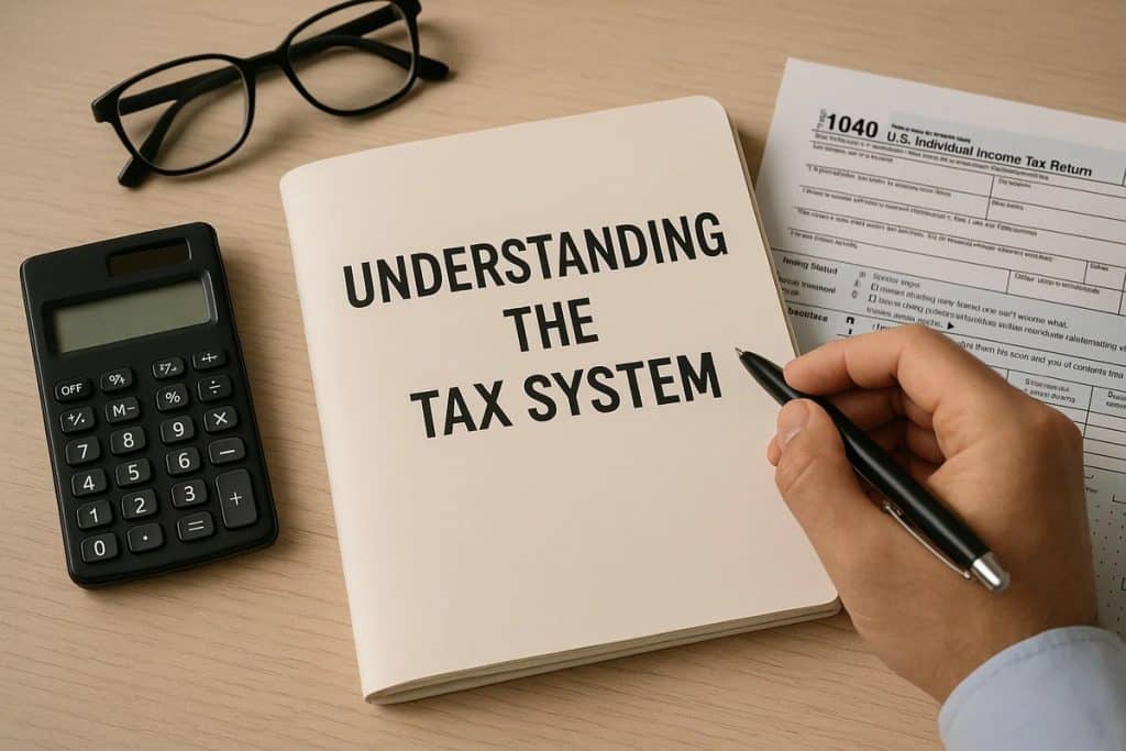 Image of a desk with a spiral notebook featuring the bold title “UNDERSTANDING THE TAX SYSTEM.” A hand holding a black pen appears to be writing or taking notes. Around the notebook are a pair of black eyeglasses, a calculator, and a partially visible U.S. 1040 Individual Income Tax Return form, conveying the idea of studying or preparing taxes.