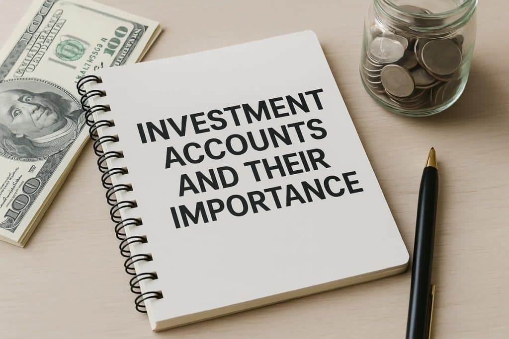 Notebook open to a page that reads ‘Investment Accounts and Their Importance,’ placed beside a stack of hundred-dollar bills, a jar of coins, and a pen on a light wooden surface, symbolizing financial education and the relevance of understanding different types of investment accounts.