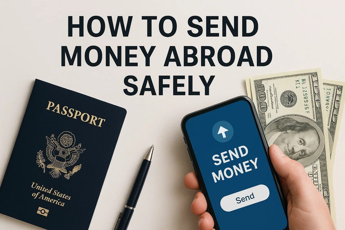 Image featuring a U.S. passport, a black pen, and a smartphone displaying a blue screen with the words “SEND MONEY” and an upward arrow icon, indicating an international money transfer. A hand holds the phone, and several U.S. hundred-dollar bills are placed behind it. At the top of the image, bold black text reads “HOW TO SEND MONEY ABROAD SAFELY.” The scene conveys secure and modern digital remittance options.