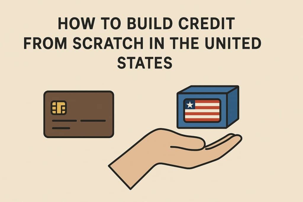 Minimalist illustration about building credit in the United States. Large black text at the top reads “How To Build Credit From Scratch In The United States” on a light beige background. Below the text, a brown credit card with a gold chip appears on the left, while a hand on the right holds a small blue box decorated with the U.S. flag. The design uses clean lines and flat colors to emphasize clarity and simplicity.