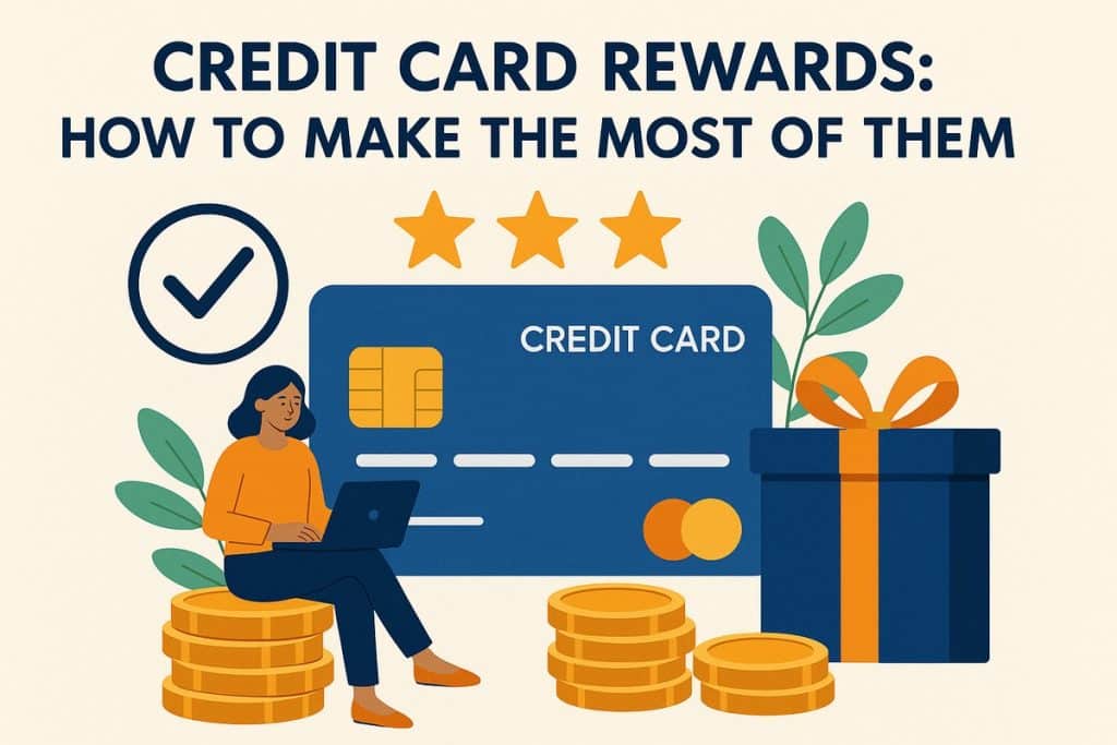 Flat illustration about credit card rewards. A woman with medium skin tone and dark hair, wearing an orange top and blue pants, sits on a stack of gold coins while working on a laptop. Behind her is an oversized blue credit card with a chip and card details, three gold stars floating above it, and a large gift box with an orange ribbon on the right. Green leaves and a bold checkmark icon surround the scene. At the top, dark blue text reads “Credit Card Rewards: How to Make the Most of Them” on a light beige background.