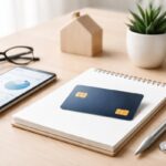 A minimalist desk scene featuring a blue credit card placed on a spiral notebook beside a smartphone displaying a financial app, with eyeglasses, a pen, a small plant, and a coffee cup in the background, representing modern personal finance and credit card management in a clean and organized workspace.