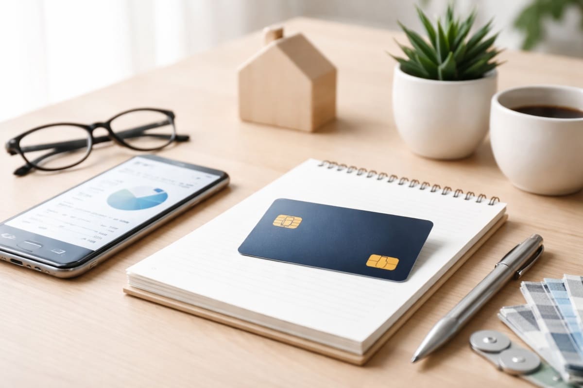 A minimalist desk scene featuring a blue credit card placed on a spiral notebook beside a smartphone displaying a financial app, with eyeglasses, a pen, a small plant, and a coffee cup in the background, representing modern personal finance and credit card management in a clean and organized workspace.