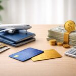 Realistic and minimalist scene showing a small airplane model placed on top of passports next to credit card options, contrasted with a neat stack of cash, coins, and a calculator on a wooden surface, representing the comparison between travel rewards and cashback credit card benefits in the U.S.