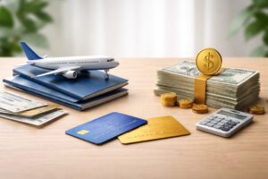 Realistic and minimalist scene showing a small airplane model placed on top of passports next to credit card options, contrasted with a neat stack of cash, coins, and a calculator on a wooden surface, representing the comparison between travel rewards and cashback credit card benefits in the U.S.