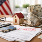 Minimalist and realistic scene representing personal Finances in the United States, featuring a clean wooden desk with a small house model, a glass jar filled with dollar bills and coins, a stack of credit cards, a calculator, and scattered currency. In the softly blurred background, a subtle American flag adds context. The composition highlights financial pressure and the effort to regain control over high-cost debt, with balanced lighting and clear details.