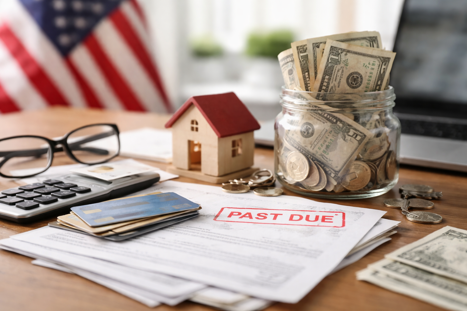 Minimalist and realistic scene representing personal Finances in the United States, featuring a clean wooden desk with a small house model, a glass jar filled with dollar bills and coins, a stack of credit cards, a calculator, and scattered currency. In the softly blurred background, a subtle American flag adds context. The composition highlights financial pressure and the effort to regain control over high-cost debt, with balanced lighting and clear details.