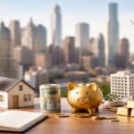 Realistic minimalist scene representing finances in the United States, featuring a wooden desk with a small American flag, a model house, a stack of dollar bills, a gold piggy bank, gold bars, and a wind turbine model, with a blurred modern city skyline in the background, symbolizing diversification beyond traditional financial markets.