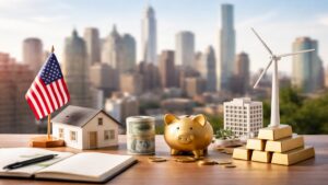 Realistic minimalist scene representing finances in the United States, featuring a wooden desk with a small American flag, a model house, a stack of dollar bills, a gold piggy bank, gold bars, and a wind turbine model, with a blurred modern city skyline in the background, symbolizing diversification beyond traditional financial markets.