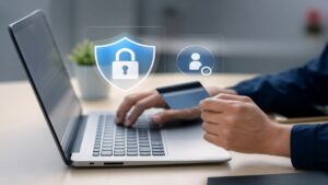 Person using a laptop while holding a credit card, with digital security icons displayed on screen, representing a secure online loan application process in the United States with emphasis on data protection and approval verification.