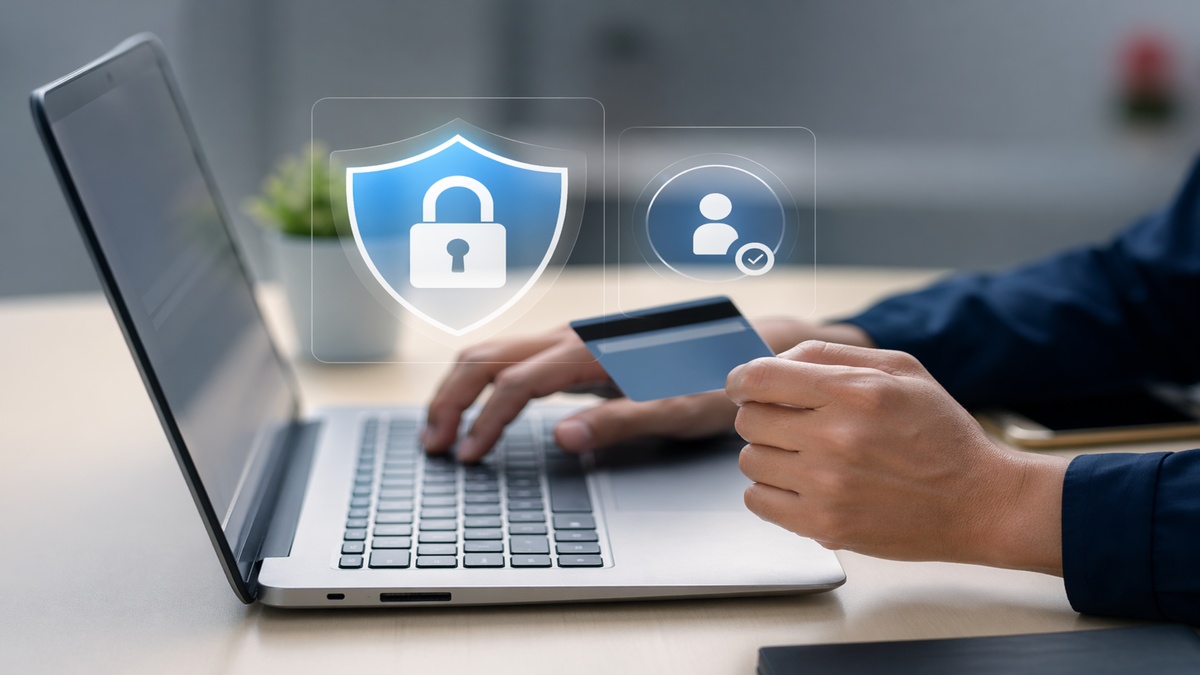 Person using a laptop while holding a credit card, with digital security icons displayed on screen, representing a secure online loan application process in the United States with emphasis on data protection and approval verification.